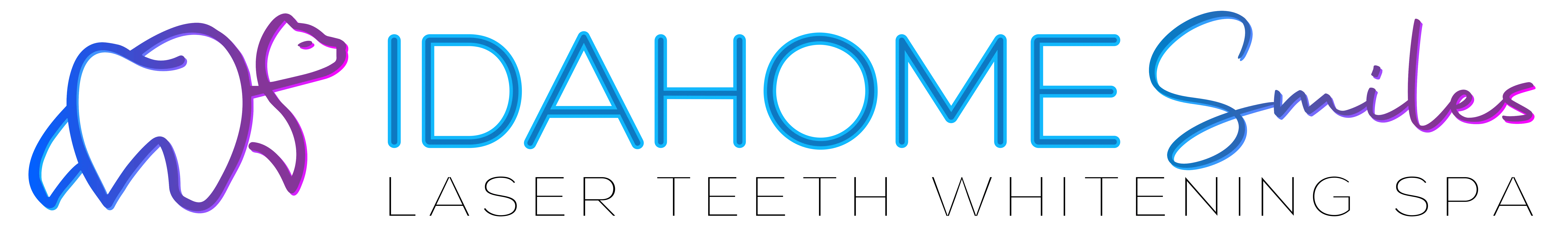 Idahome Smiles logo featuring a neon blue and purple tooth with a bear silhouette, representing the premier Laser Teeth Whitening Spa located in Historic Downtown Boise, Idaho, offering the Molar Bear Retreat for a bright, healthy smile.