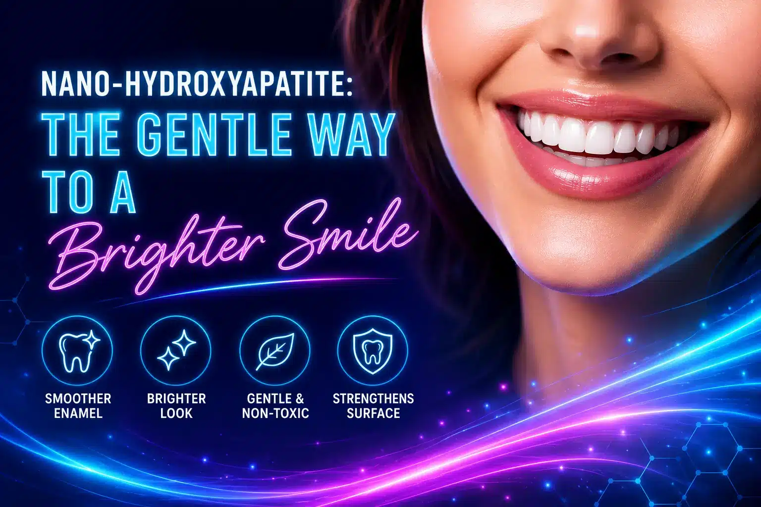Neon dental blog graphic showing a bright white smile with nano-hydroxyapatite benefits for smoother enamel and a brighter-looking smile.