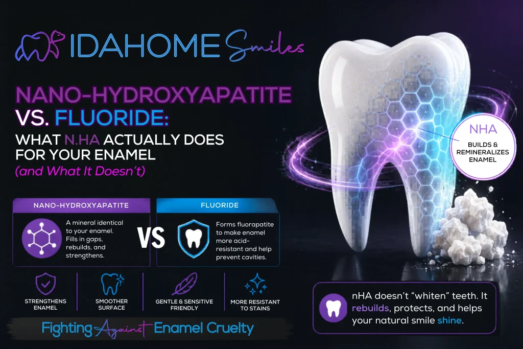 Nano-hydroxyapatite vs. fluoride comparison showing how nHA supports enamel remineralization and fluoride helps protect teeth from acid.